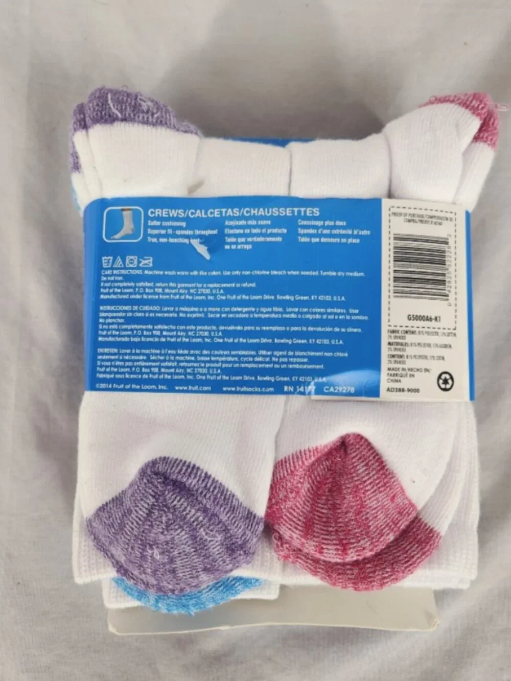 NWT Fruit Of The Loom Girls L Crew Socks Ultra Soft 6 Pairs Multicolor Heel Toe